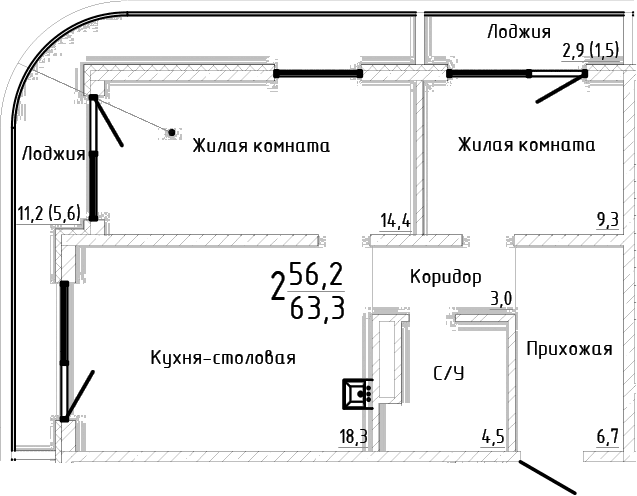 2-комн., 56.2 м²