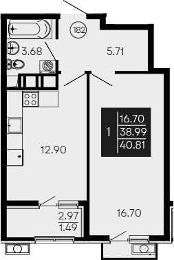 1-комн., 38.99 м²