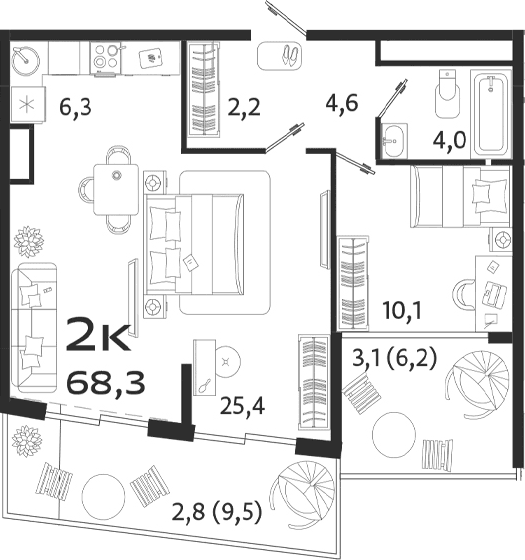 1-комн., 52.6 м²