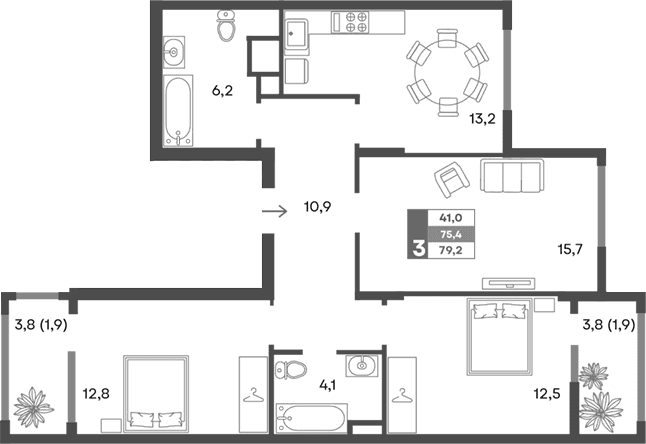 3-комн., 75.4 м²