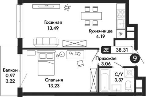 2-комн., 37.34 м²