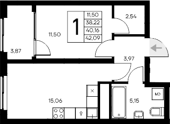 1-комн., 38.22 м²