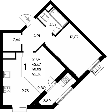 1-комн., 42.67 м²