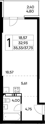 Студия, 35.33 м²