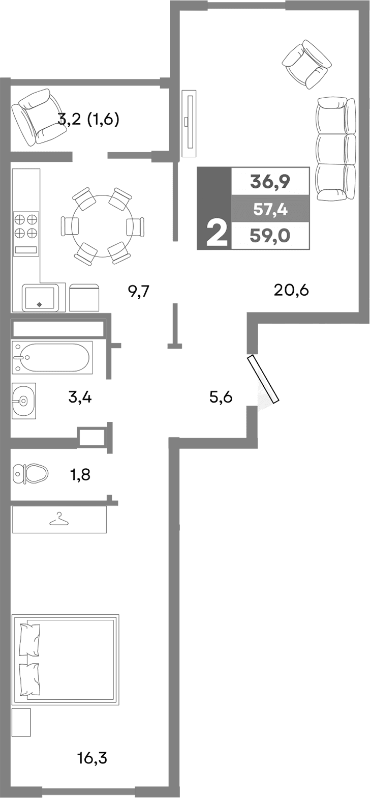 2-комн., 57.4 м²