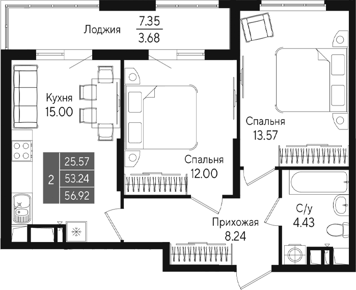 2-комн., 53.23 м²