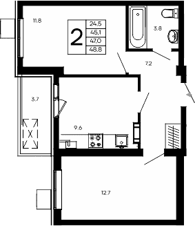 2-комн., 45.1 м²