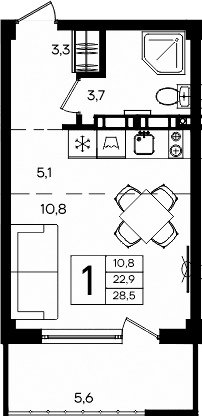 Студия, 22.9 м²
