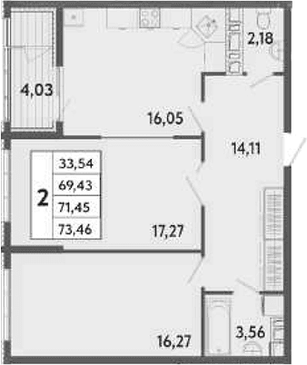 2-комн., 69.43 м²