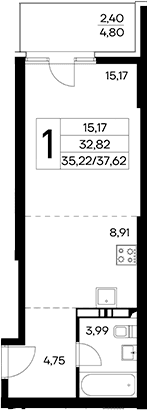 Студия, 35.22 м²