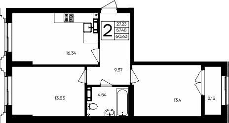 2-комн., 57.48 м²
