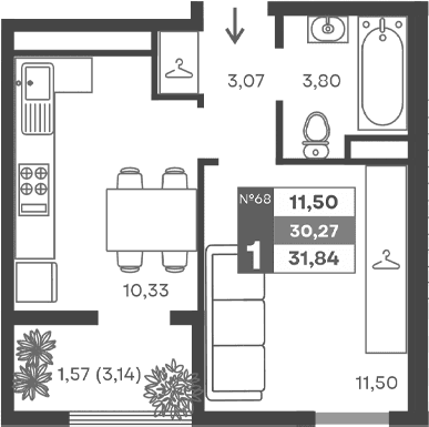 1-комн., 28.7 м²