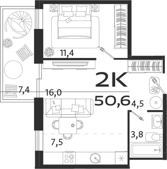2-комн., 43.2 м²