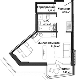 Студия, 35.22 м²