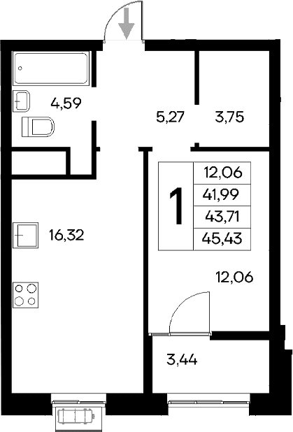 1-комн., 41.99 м²