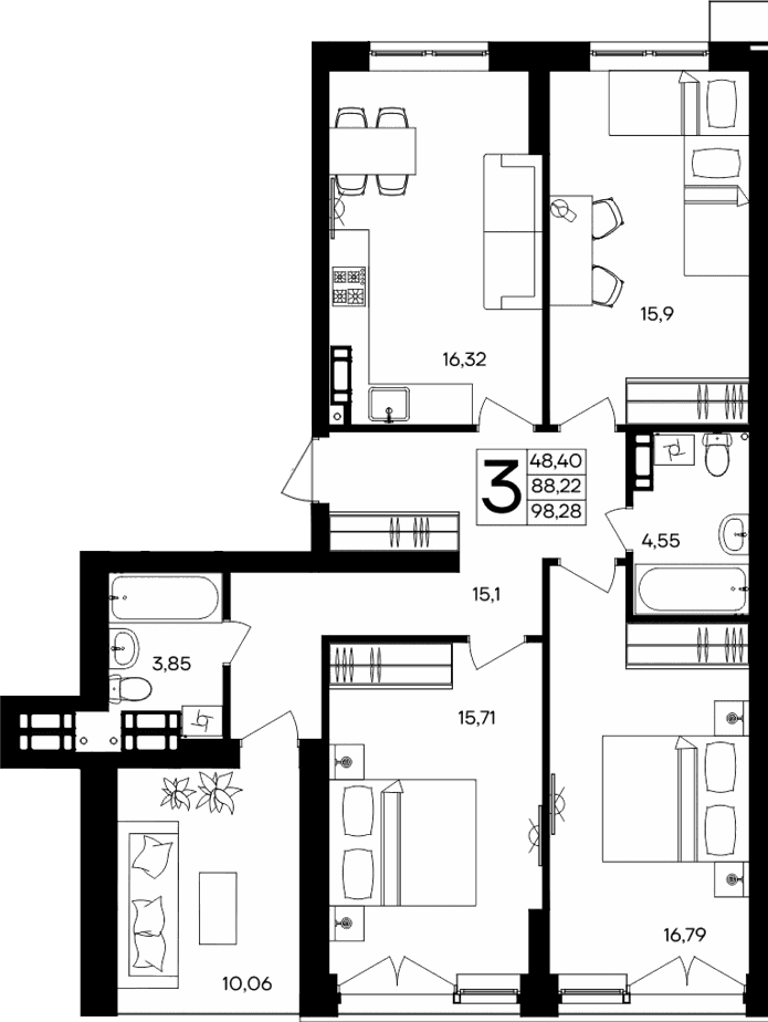 3-комн., 88.22 м²