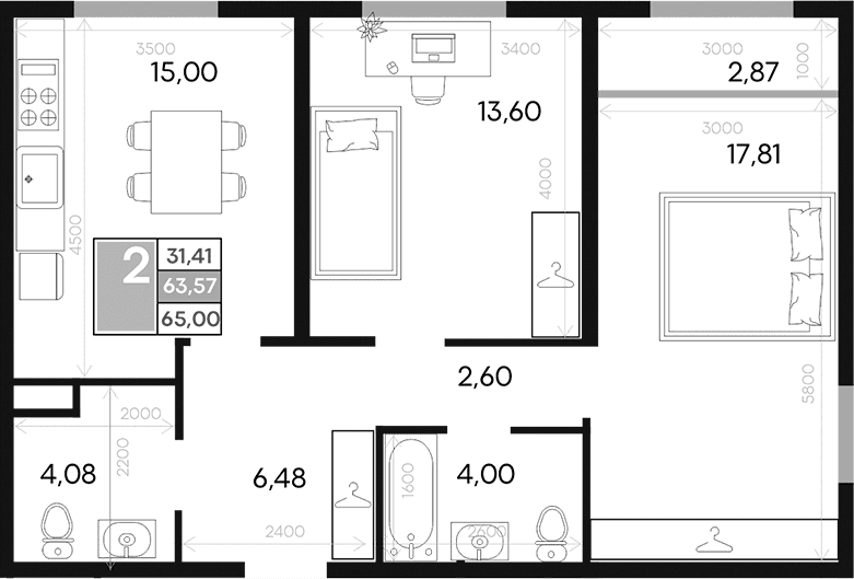 2-комн., 63.56 м²