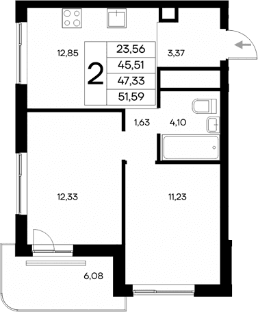2-комн., 45.51 м²