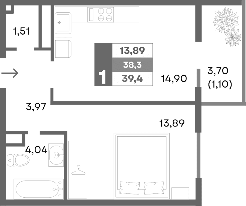 1-комн., 38.3 м²