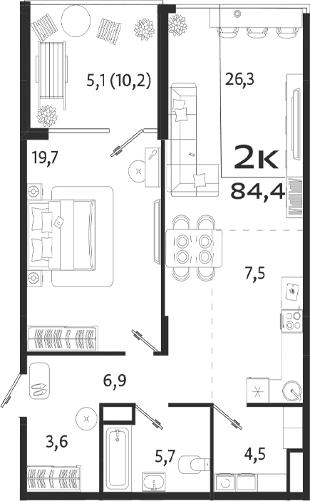 1-комн., 74.2 м²