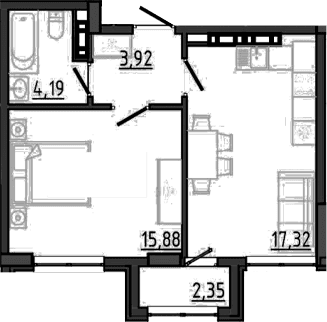 1-комн., 41.31 м²