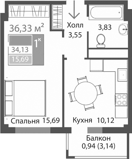 1-комн., 33.19 м²