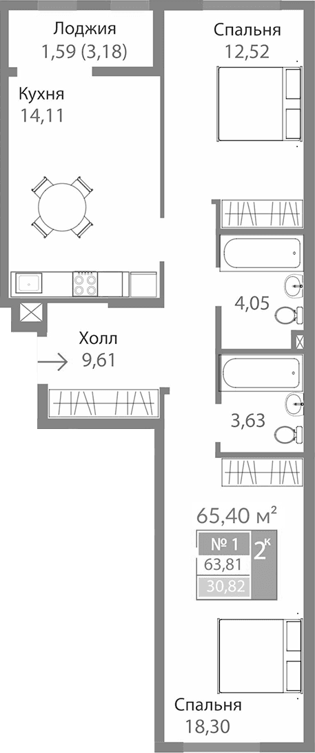 2-комн., 62.22 м²