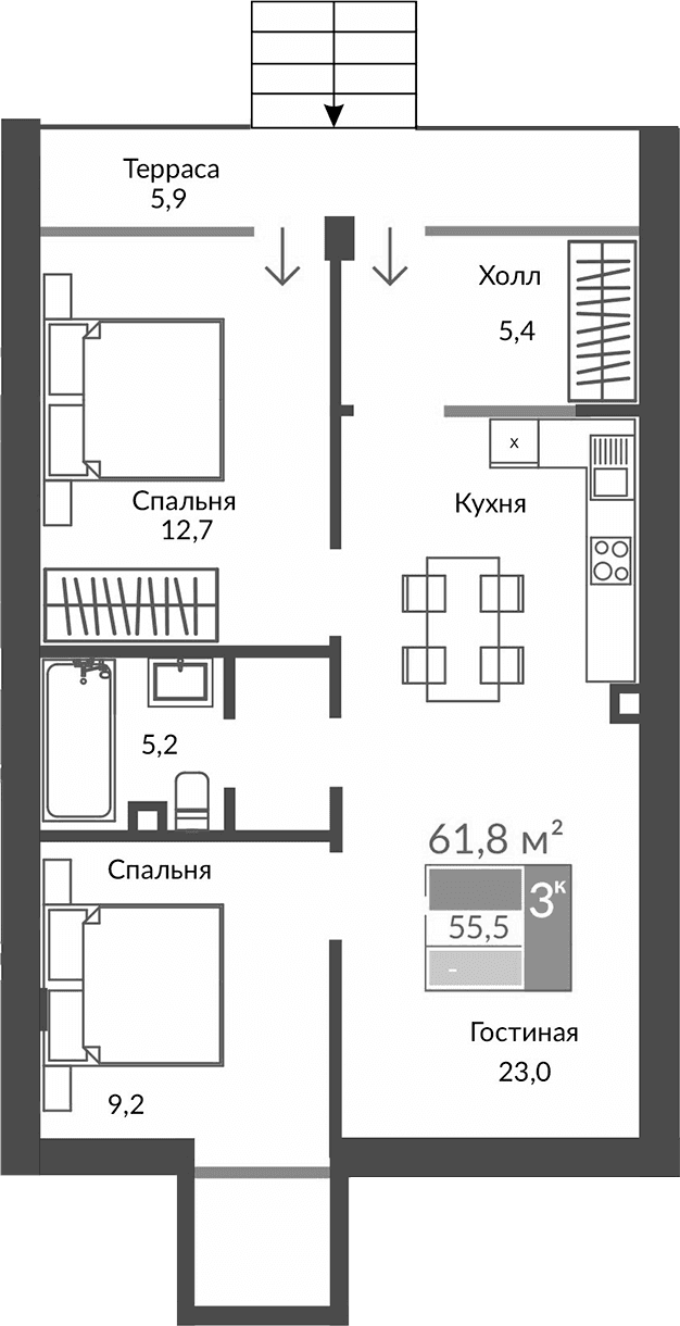 3-комн., 55.5 м²