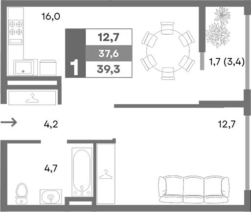 1-комн., 37.6 м²