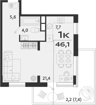 1-комн., 46 м²