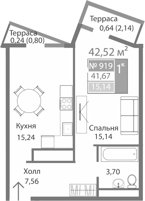 1-комн., 41.64 м²