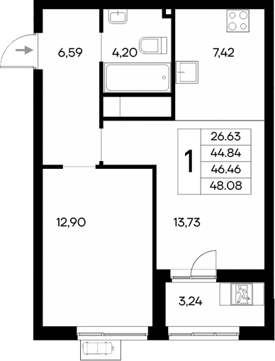 1-комн., 44.84 м²
