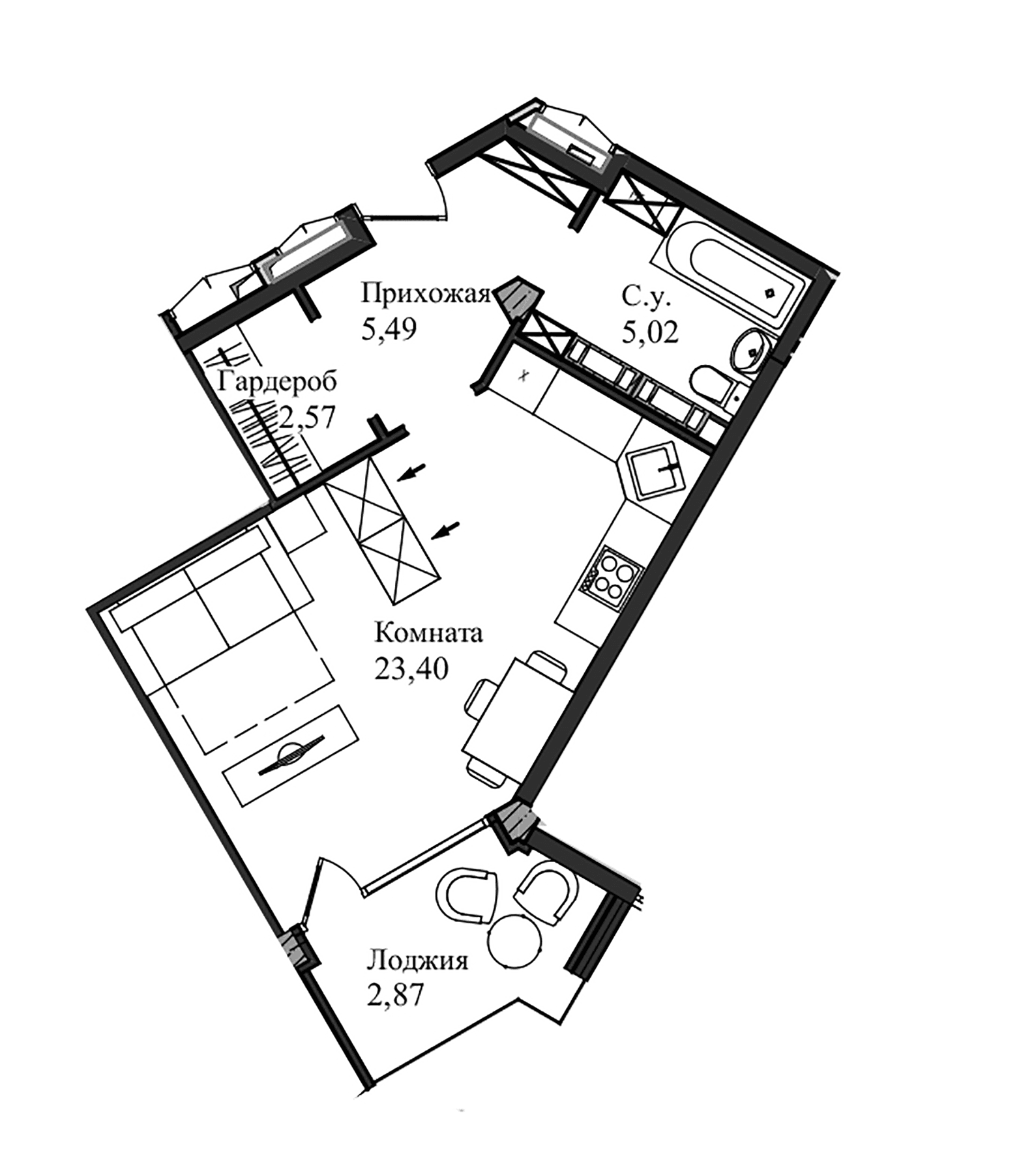 Студия, 38.63 м²