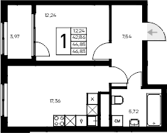 1-комн., 42.86 м²