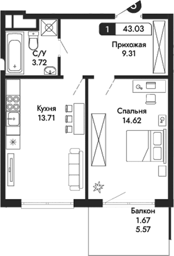 1-комн., 41.36 м²