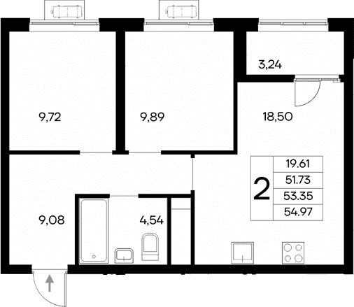 2-комн., 51.73 м²