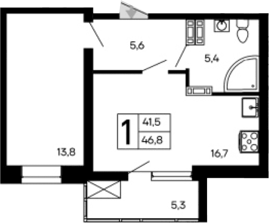 1-комн., 41.5 м²