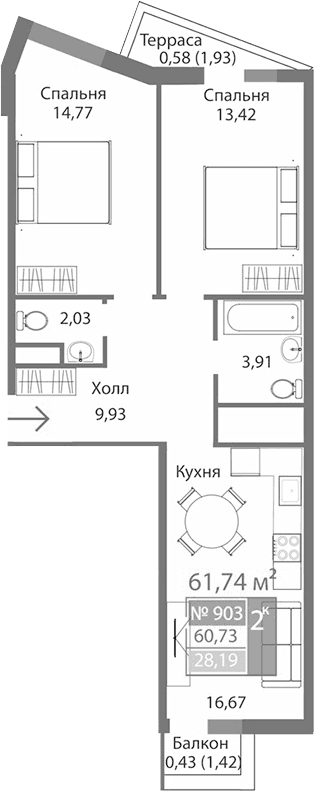 2-комн., 60.73 м²