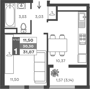 1-комн., 28.73 м²