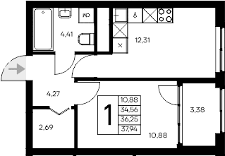 1-комн., 34.56 м²