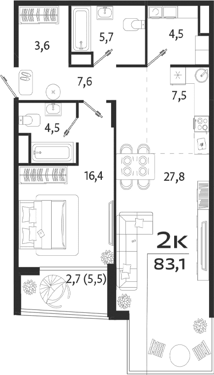 1-комн., 77.6 м²