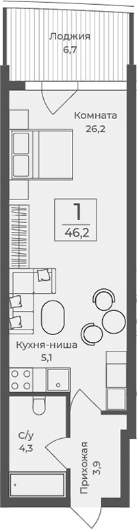 Студия, 39.5 м²