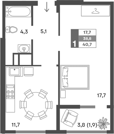 1-комн., 38.8 м²