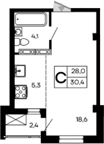 Студия, 28 м²
