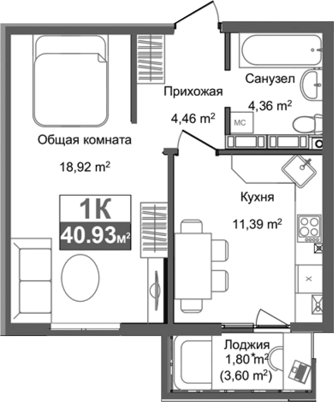 1-комн., 37.5 м²