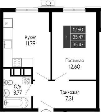 1-комн., 35.47 м²