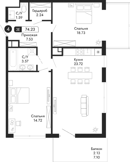 3-комн., 72.1 м²