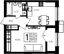 1-комн., 34.61 м²
