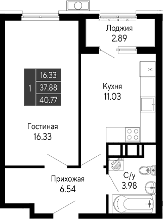 1-комн., 37.88 м²