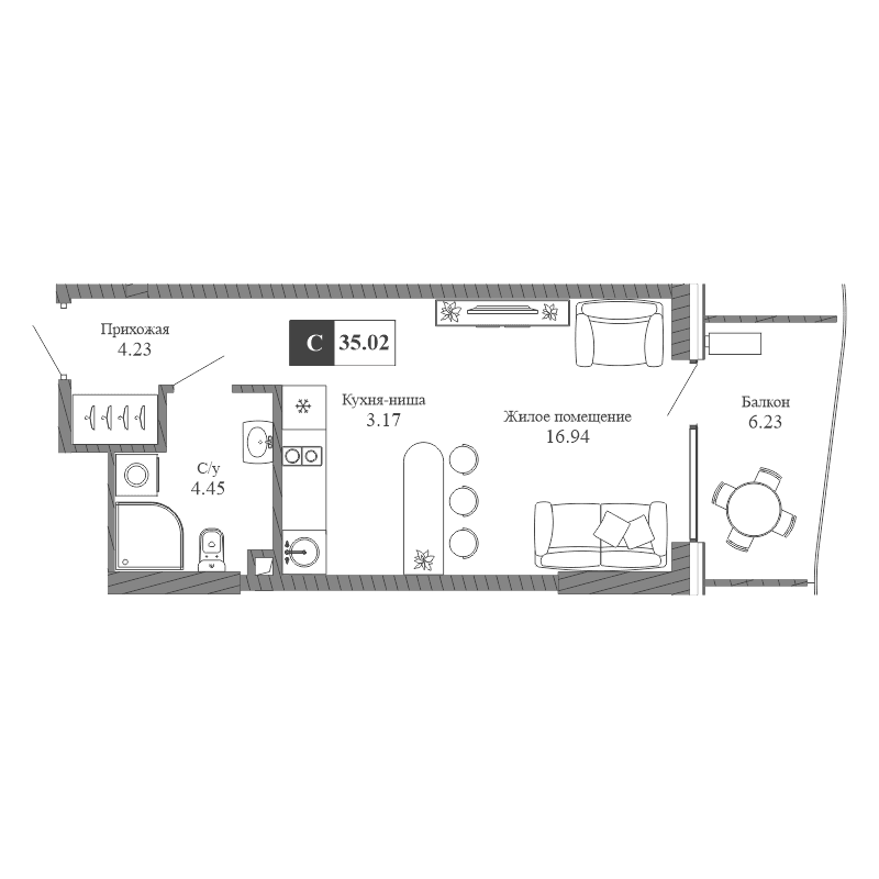 Студия, 28.79 м²